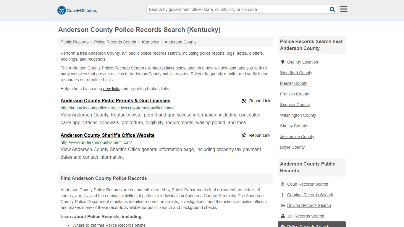 Anderson County Police Records Search (Kentucky) - County Office