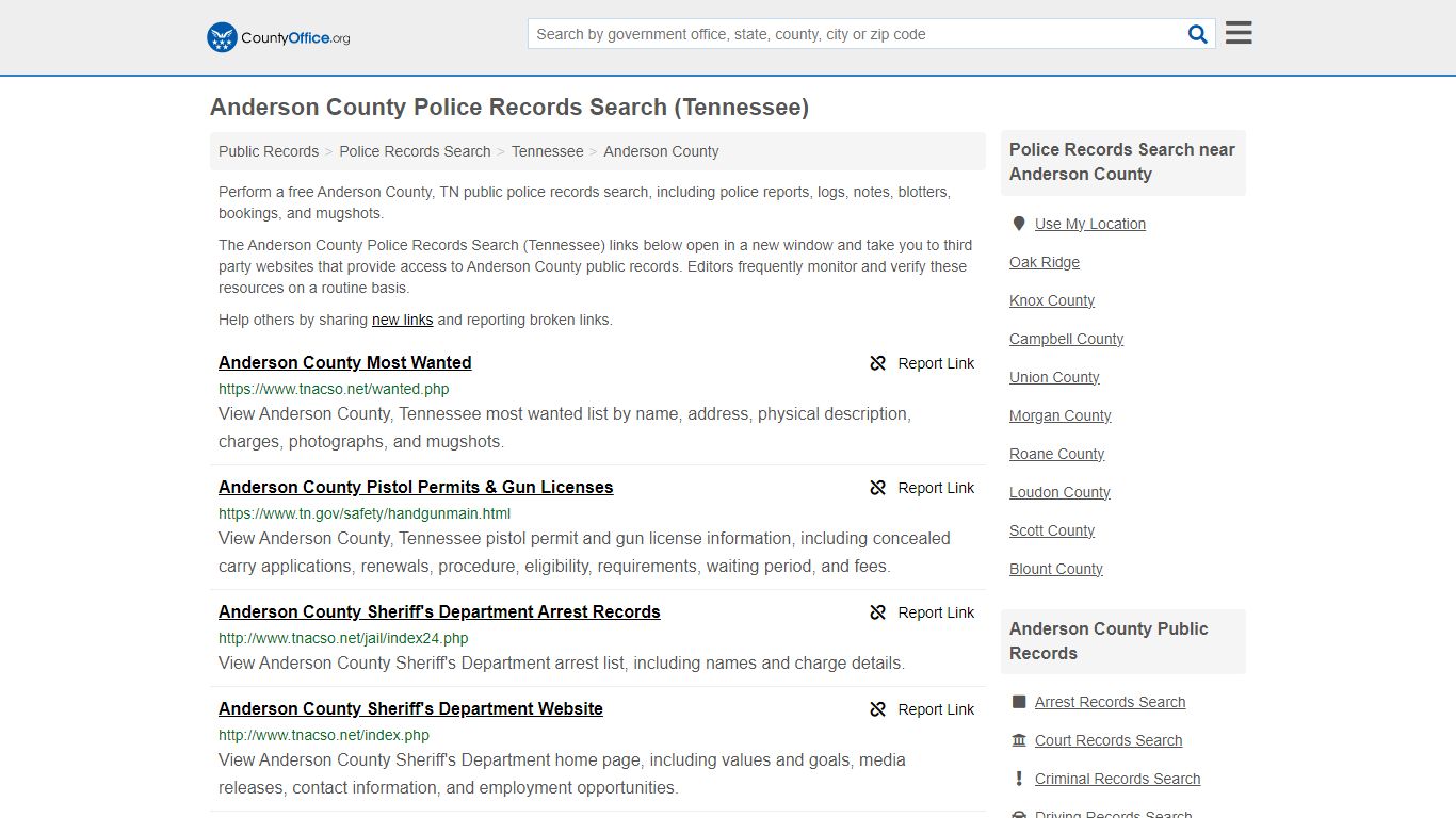 Anderson County Police Records Search (Tennessee) - County Office